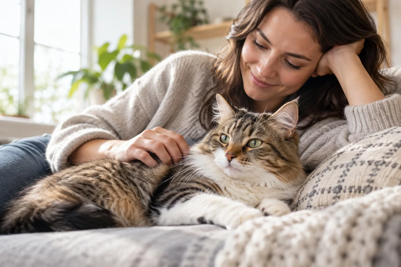Owner resting beside a tabby cat at home